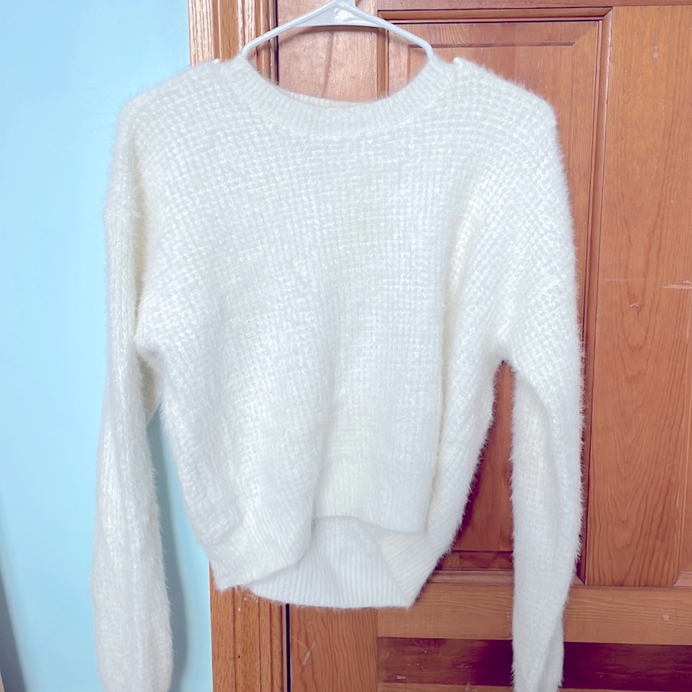 white fuzzy waffle knit sweater